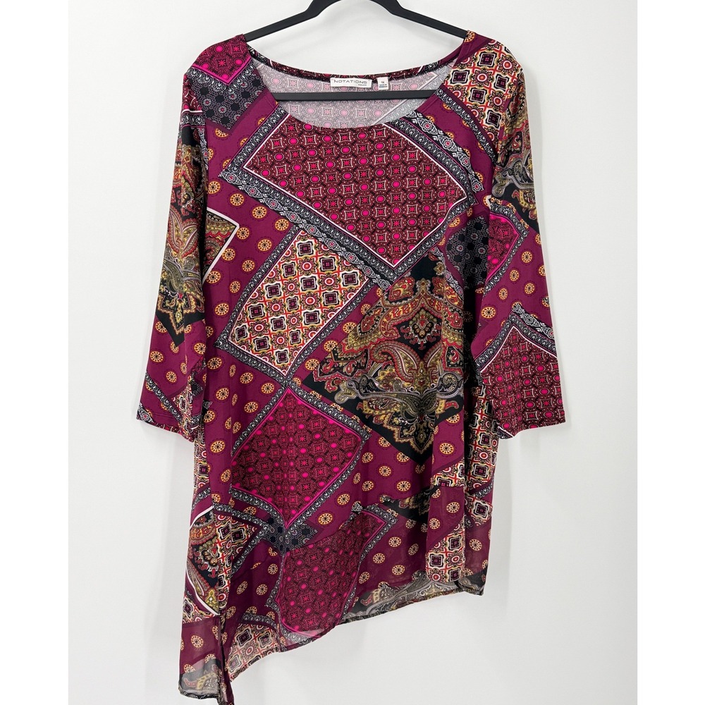 Notations Asymmetric Patchwork Boho Tunic Top Womens 1X Burgundy 3/4 sleeve